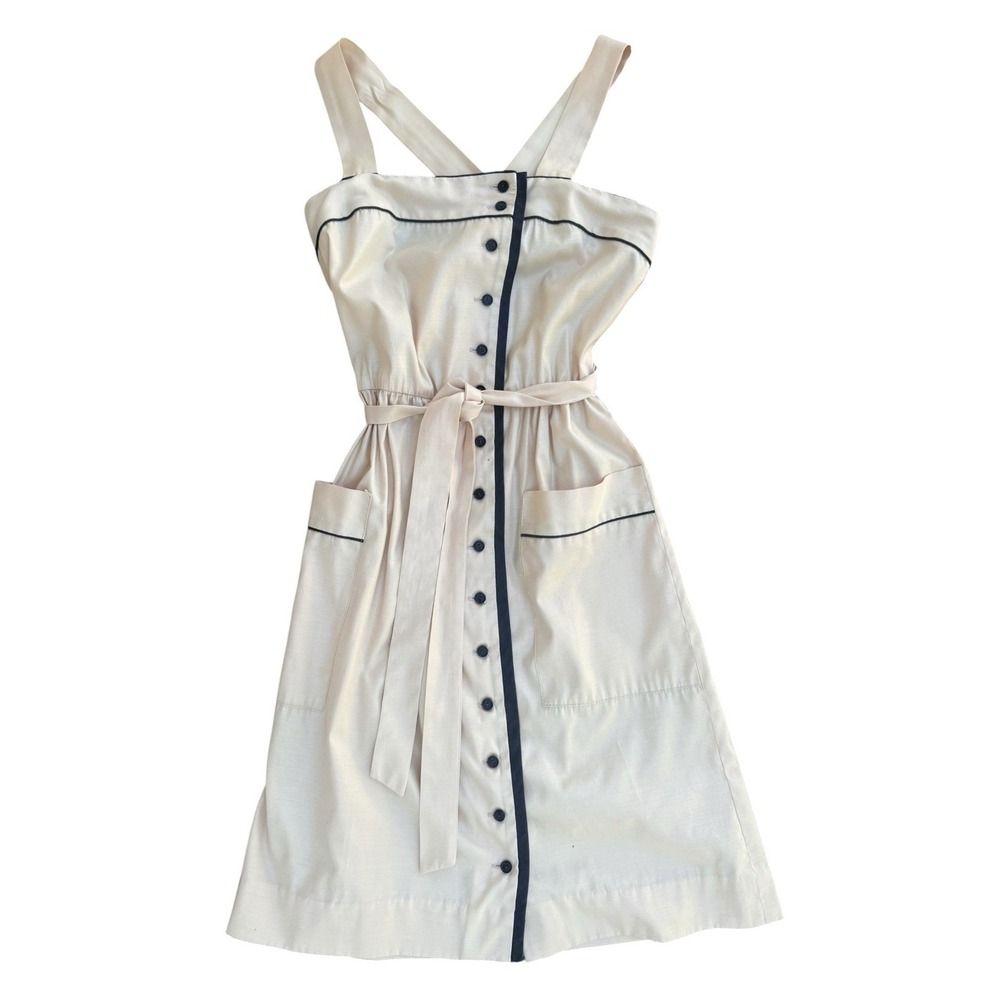 Vintage Jody of California Dress XS Cream Black Piping Button Front Mod 60s 70s